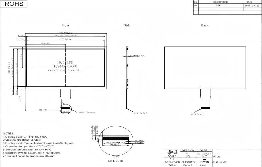 JX101IK20050-A79 立煌10.1寸组装屏 分辨率1024*600 显示区域222.72 x 125.28mm