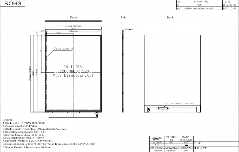 JX101IZ30026- 92V01 立煌10.1寸组装屏 分辨率1200*1920 