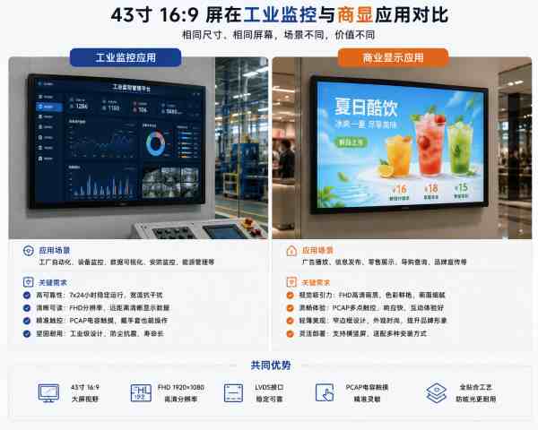43寸16:9屏用在工业监控和商显有什么区别?LCD液晶屏型号怎么选? 43寸16:9屏用在工业监控和商显有什么区别?LCD液晶屏型号怎么选?