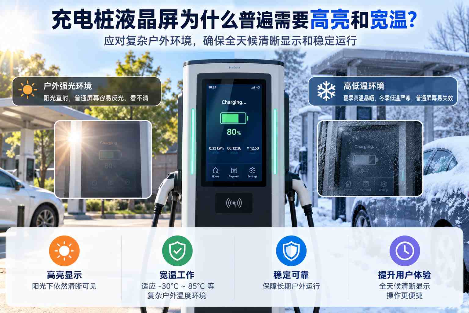 户外充电桩LCD液晶屏为什么普遍需要高亮和宽温? 户外充电桩LCD液晶屏为什么普遍需要高亮和宽温?
