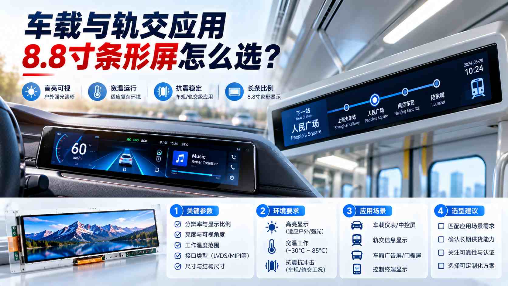 8.8寸条形屏怎么选?车载与轨交液晶屏应用场景及型号推荐 8.8寸条形屏怎么选?车载与轨交液晶屏应用场景及型号推荐