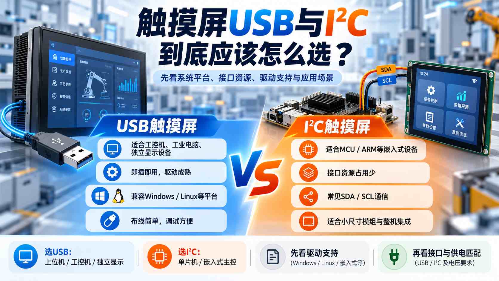 触摸屏USB接口和I²C接口有什么区别?工业设备应该怎么选? 触摸屏USB接口和I²C接口有什么区别?工业设备应该怎么选?